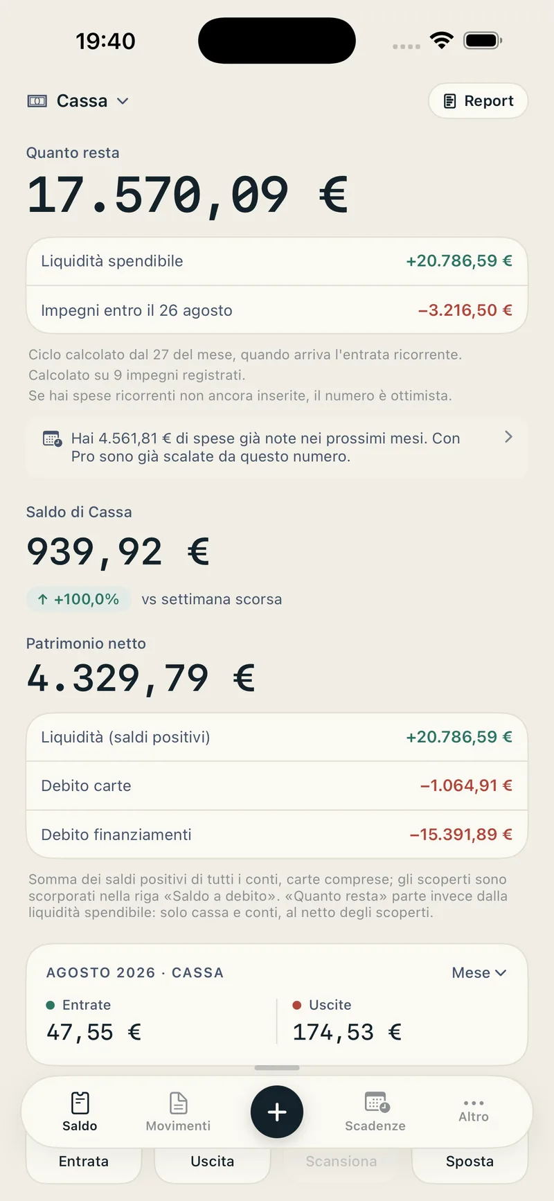 Notavia su iPhone: schermata Saldo con quanto resta da spendere, saldo di cassa e patrimonio netto.